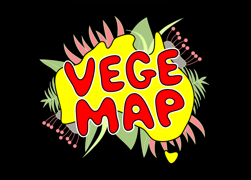 A logo showing a simplified map of Australia in yellow with pale flowers and leaves protruding around the edges. Red block letters atop the map read "VEGEMAP" and the background is black
